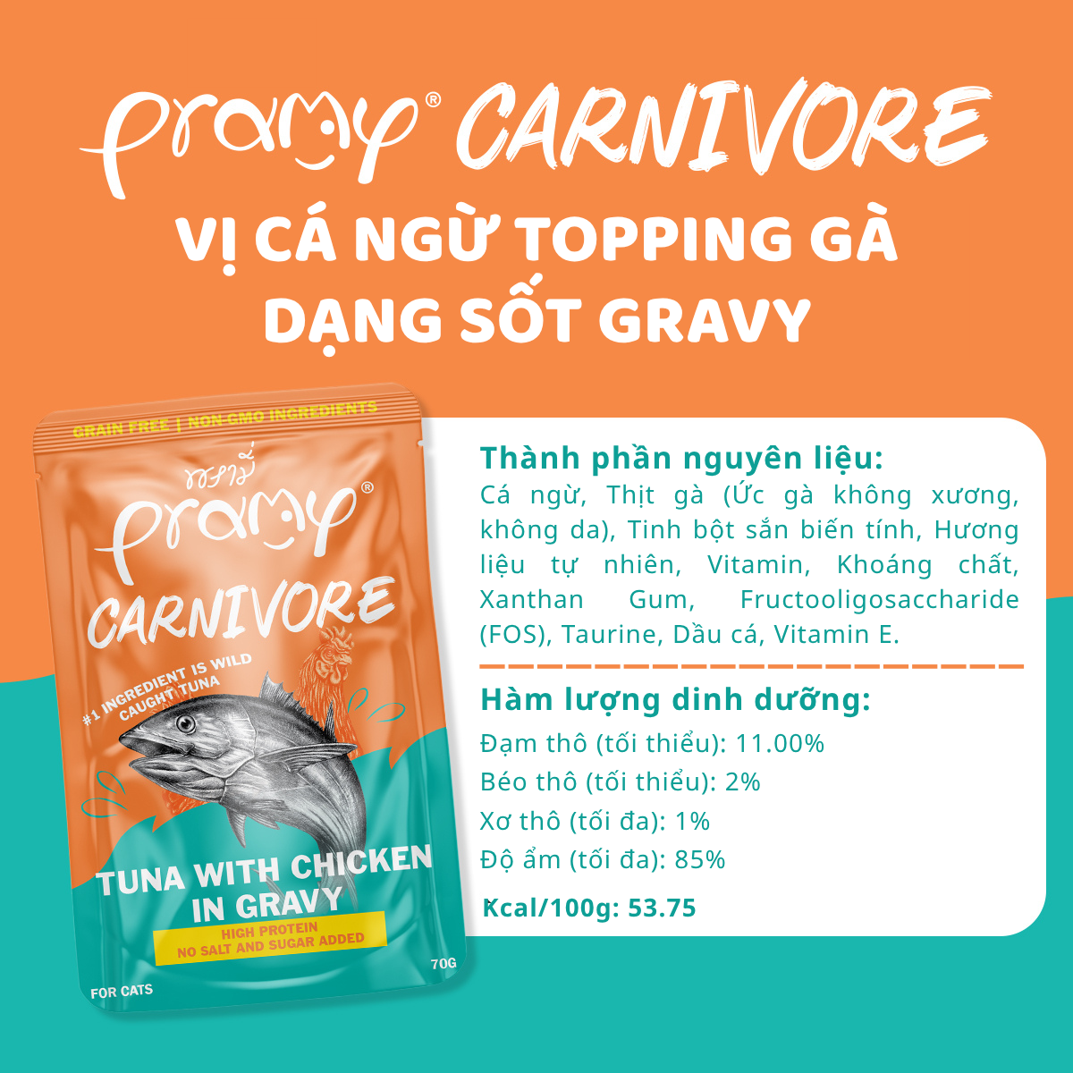 Pate Cho Mèo PRAMY CARNIVORE Vị Cá Ngừ Topping Thịt Gà Dạng Sốt Gravy 70g
