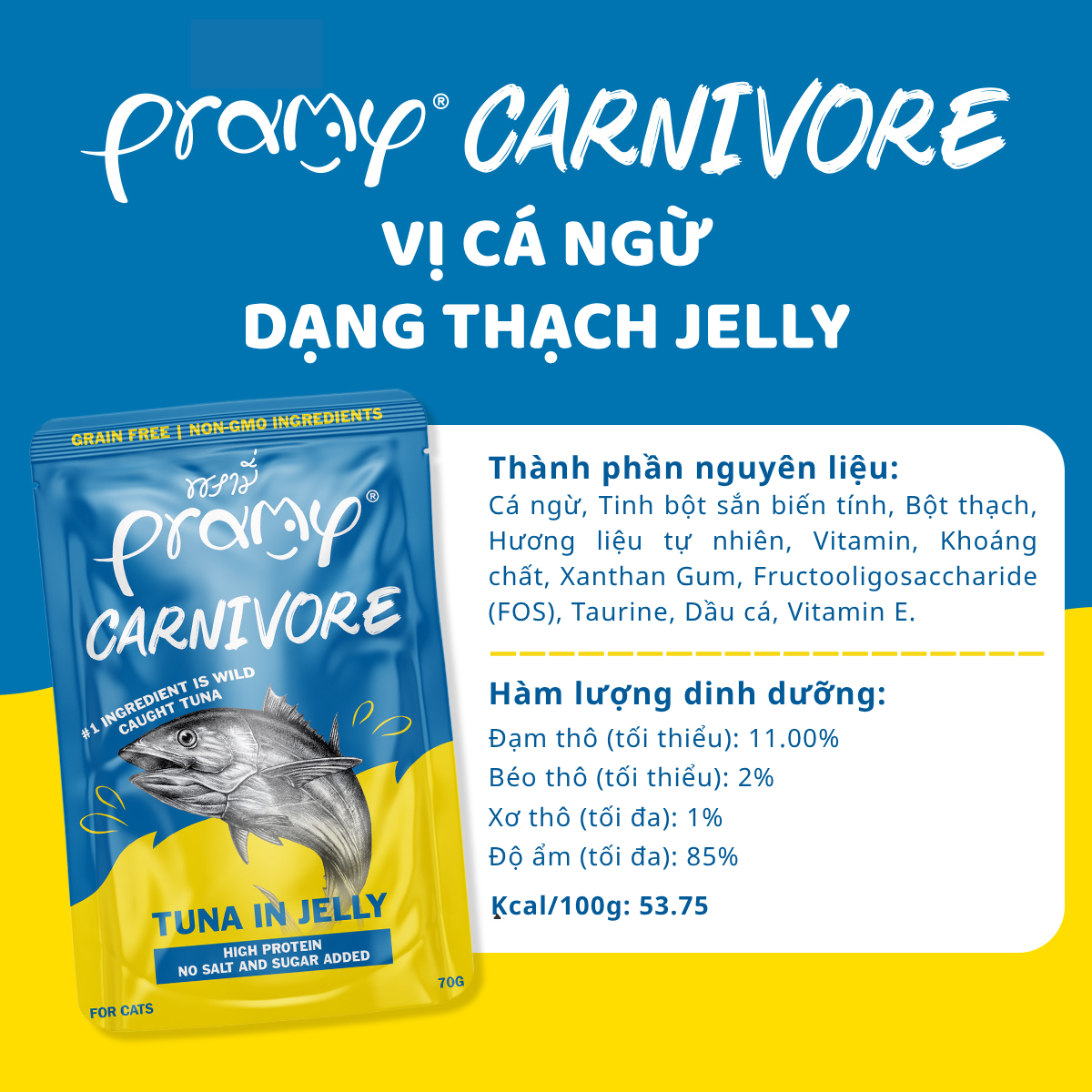 Pate Cho Mèo PRAMY CARNIVORE Vị Cá Ngừ Dạng Thạch Jelly 70g