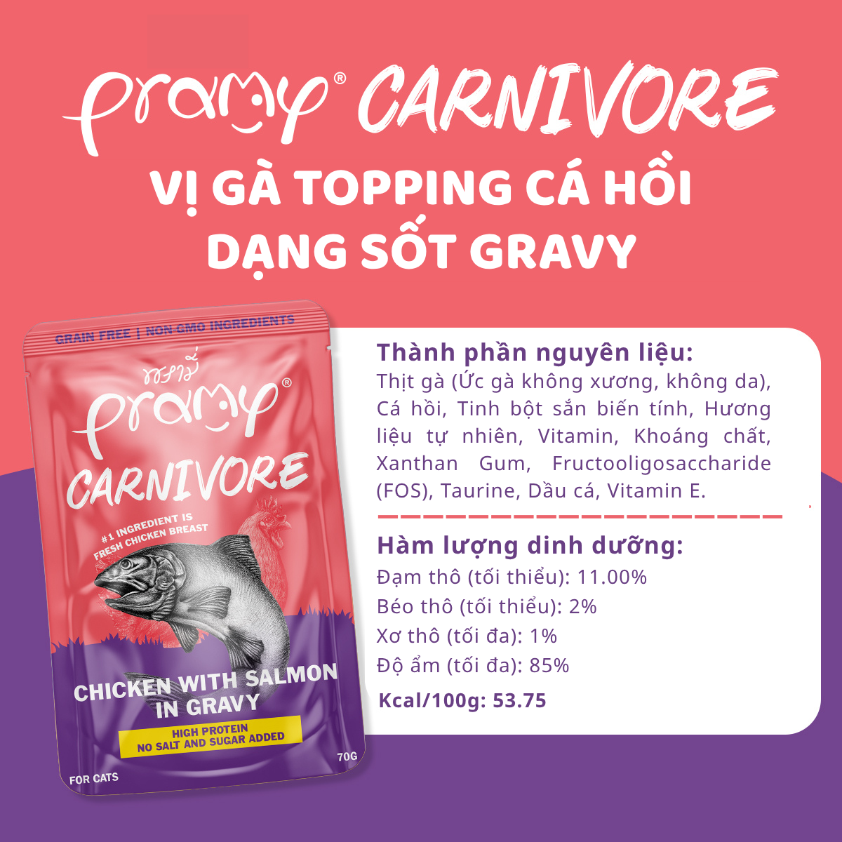 Pate Cho Mèo PRAMY CARNIVORE Vị Gà Topping Cá Hồi Dạng Sốt Gravy 70g