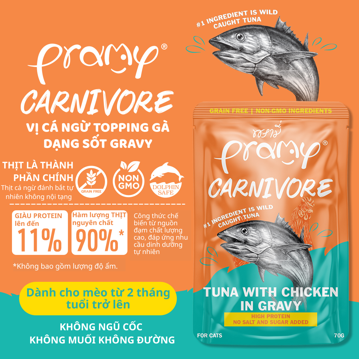 Pate Cho Mèo PRAMY CARNIVORE Vị Cá Ngừ Topping Thịt Gà Dạng Sốt Gravy 70g