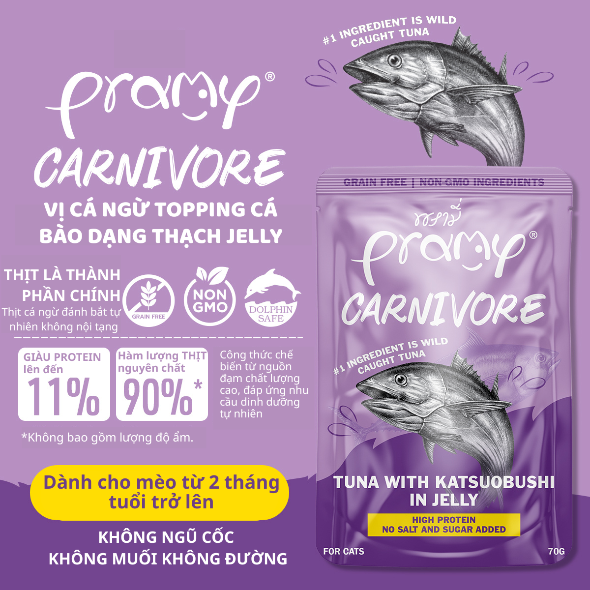 Pate Cho Mèo PRAMY CARNIVORE Vị Cá Ngừ Topping Cá Ngừ Bào Katsuobushi Dạng Thạch Jelly 70g