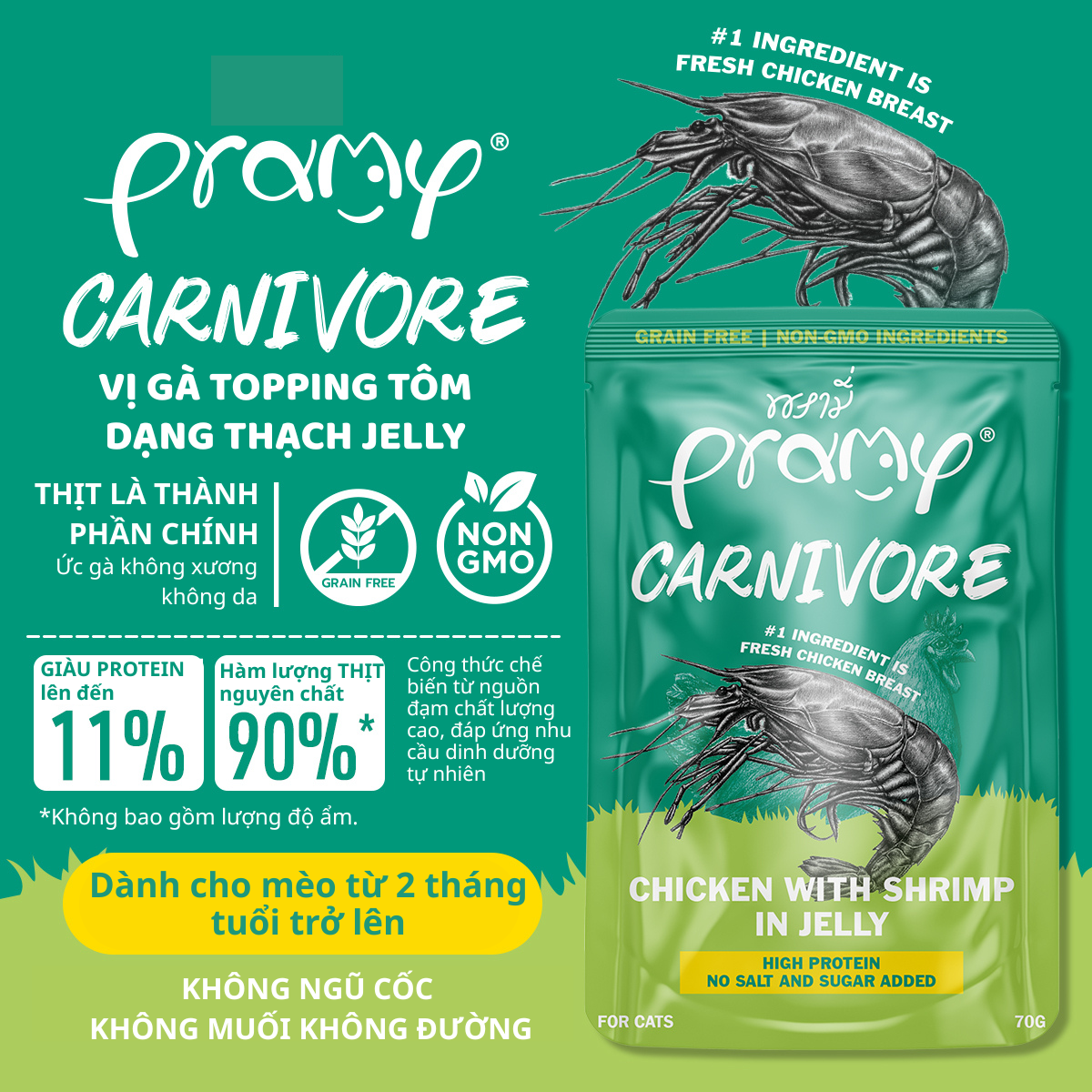 Pate Cho Mèo PRAMY CARNIVORE Vị Gà Topping Tôm Dạng Thạch Jelly 70g