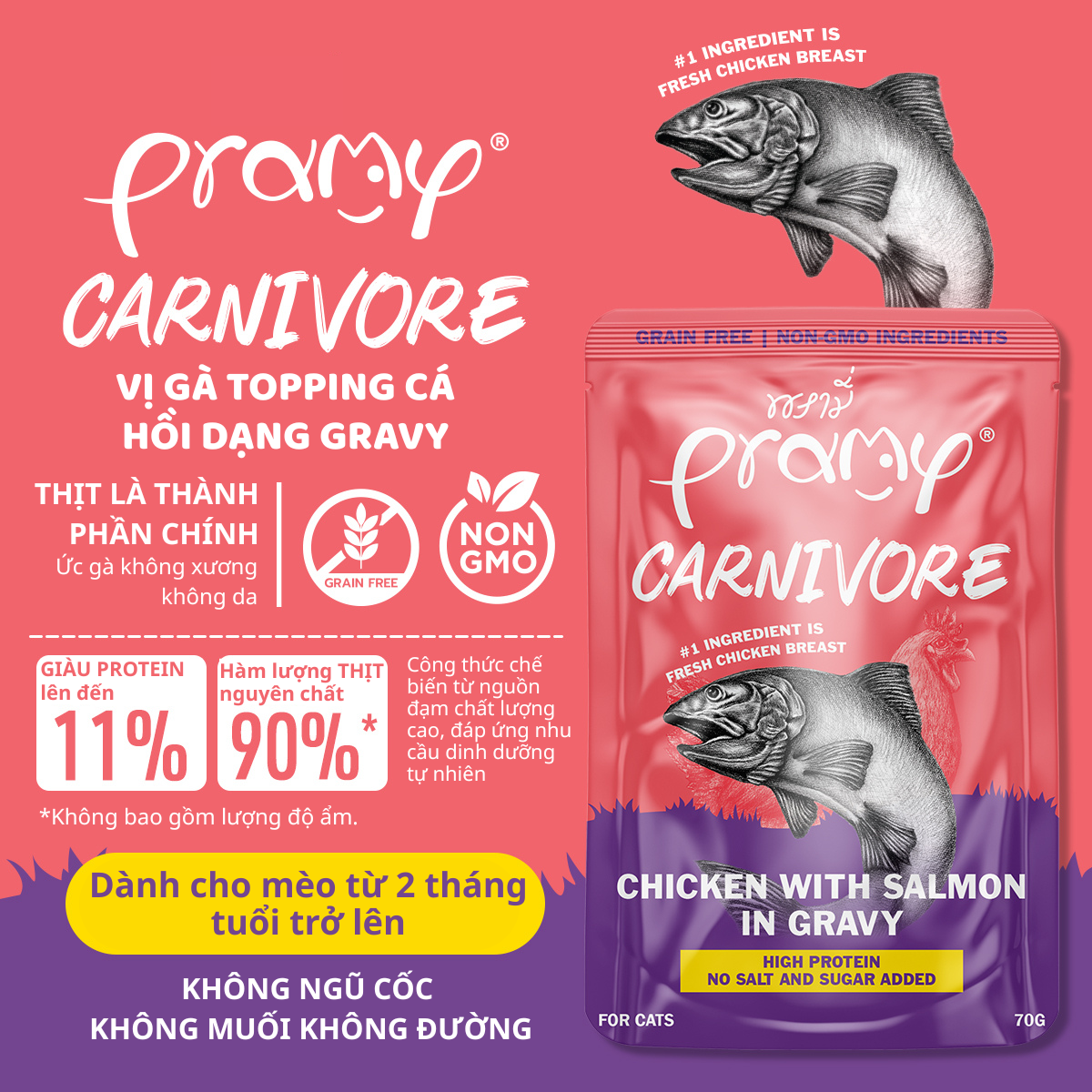 Pate Cho Mèo PRAMY CARNIVORE Vị Gà Topping Cá Hồi Dạng Sốt Gravy 70g