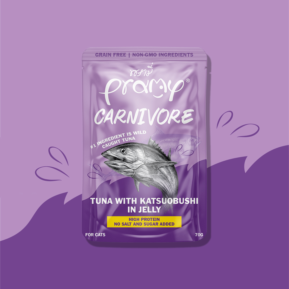 Pate Cho Mèo PRAMY CARNIVORE Vị Cá Ngừ Topping Cá Ngừ Bào Katsuobushi Dạng Thạch Jelly 70g