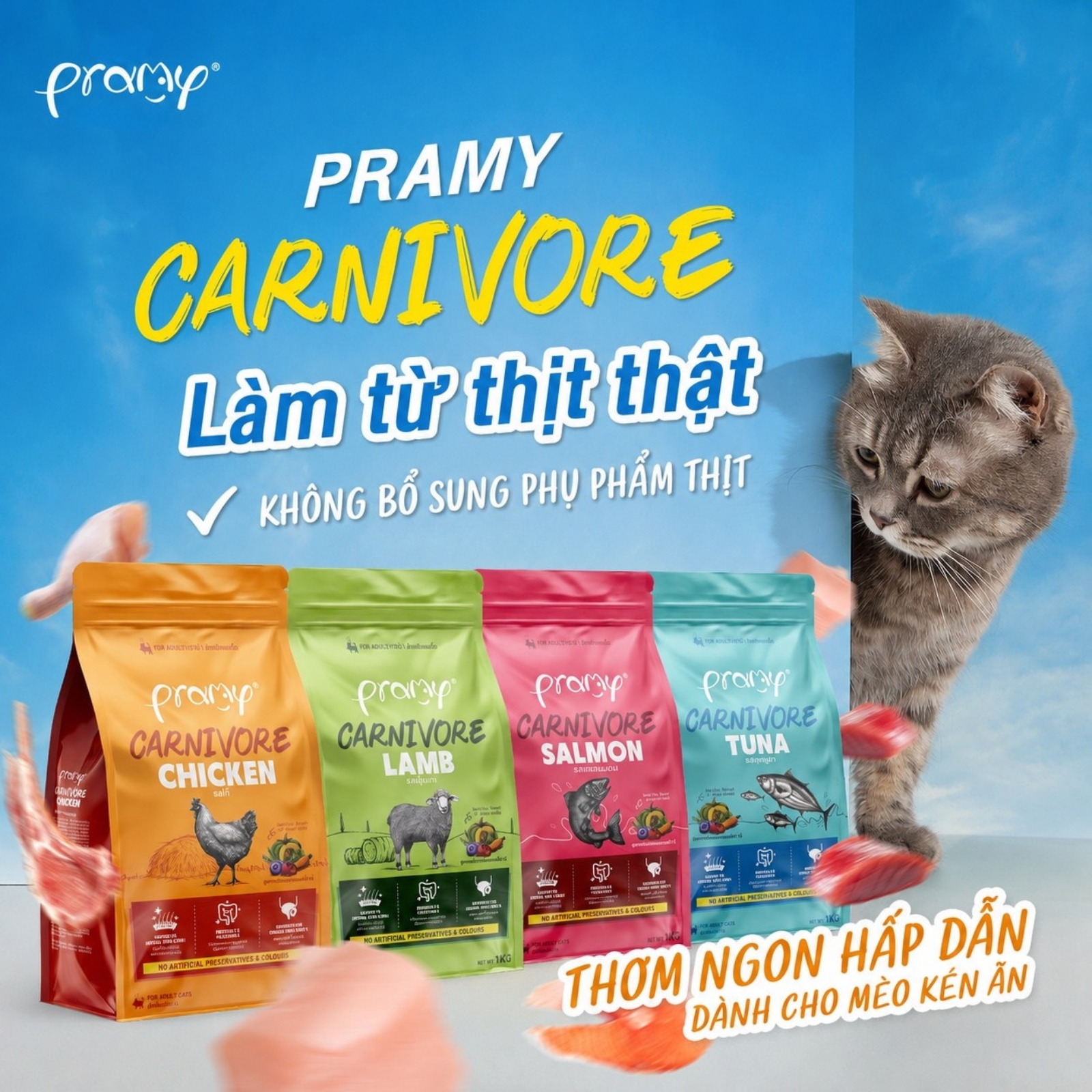 Hạt Cho Mèo Con Giàu Đạm PRAMY CARNIVORE Kitten Vị Cá Hồi & Sữa Dê Cho Mèo Con & Mèo Mẹ 800g