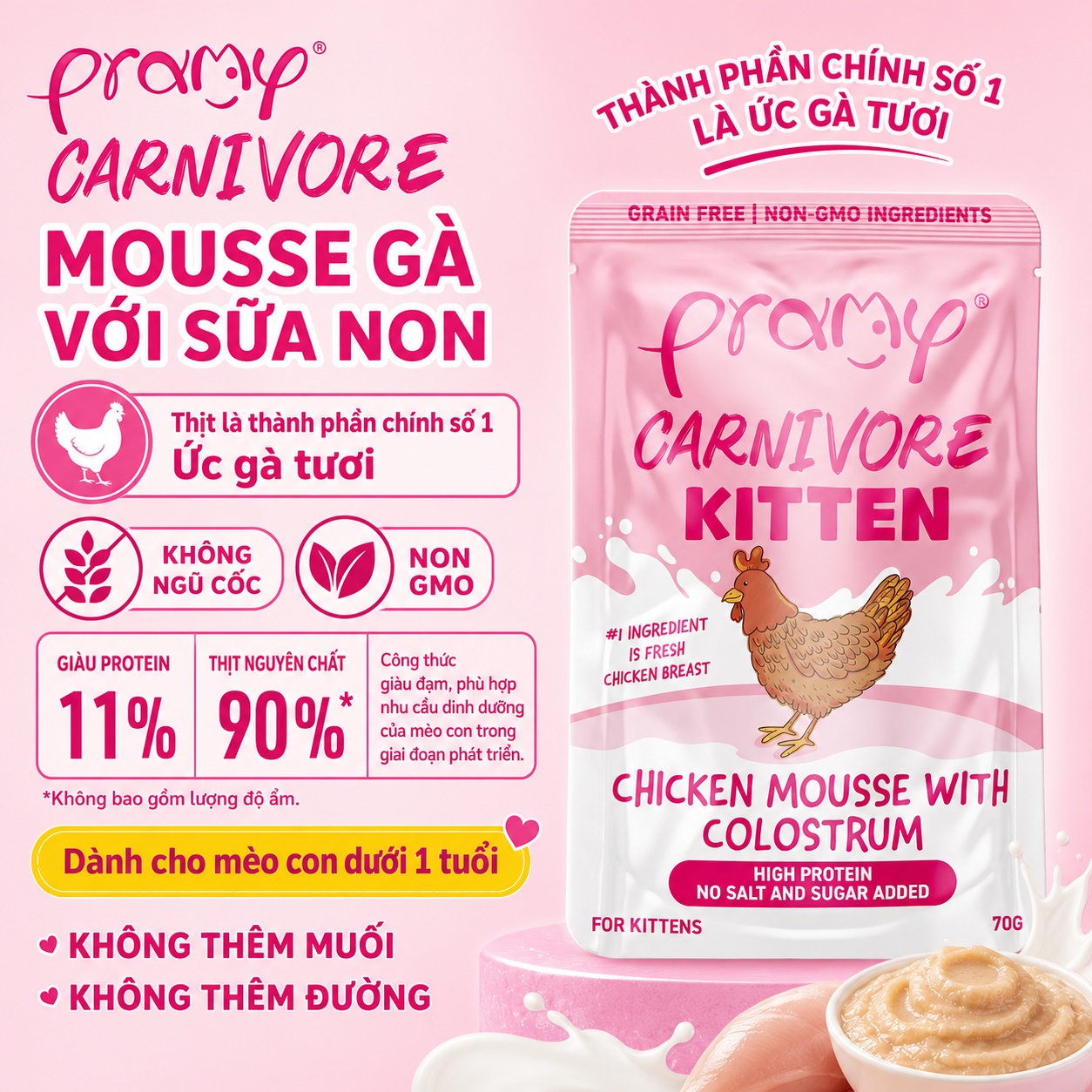 Pate Mèo Con PRAMY CARNIVORE Kitten Vị Gà Và Sữa Non Dạng Mousse Mềm Mịn 70g