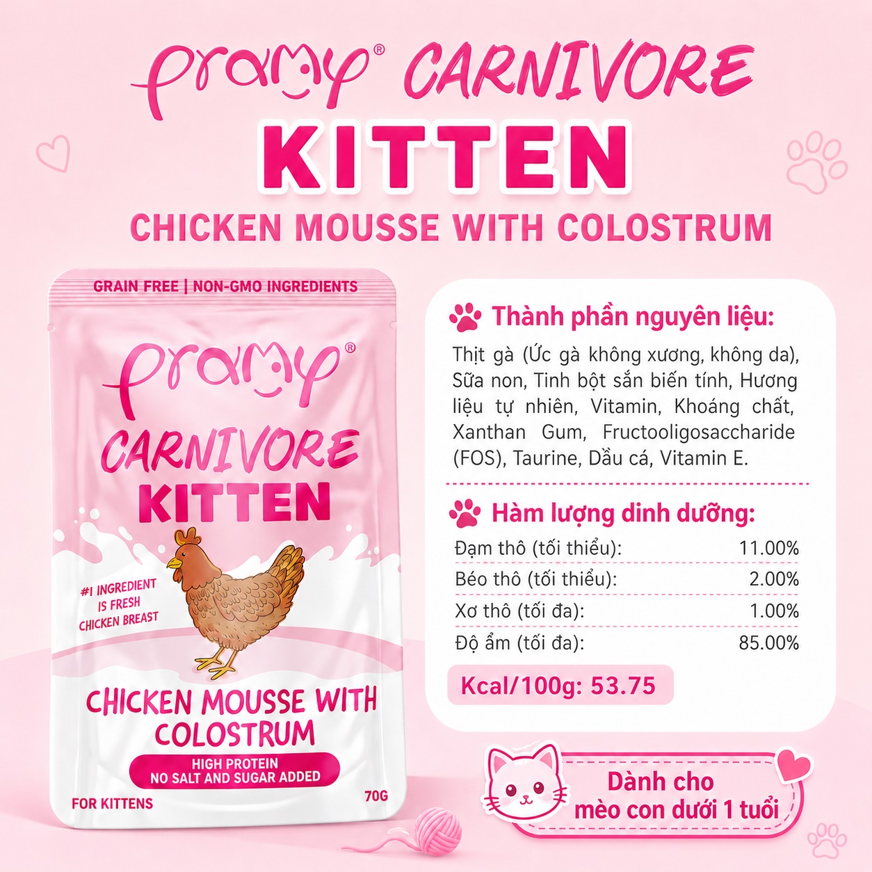 Pate Mèo Con PRAMY CARNIVORE Kitten Vị Gà Và Sữa Non Dạng Mousse Mềm Mịn 70g