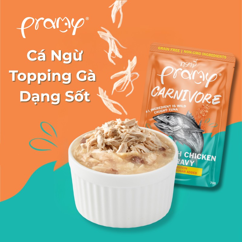 Pate Cho Mèo PRAMY CARNIVORE Vị Cá Ngừ Topping Thịt Gà Dạng Sốt Gravy 70g