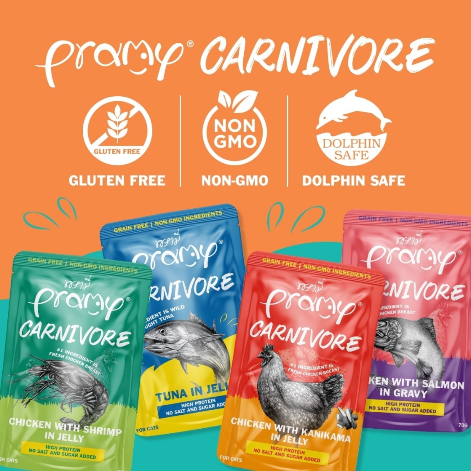 Pate Cho Mèo PRAMY CARNIVORE Vị Gà Topping Cá Hồi Dạng Sốt Gravy 70g
