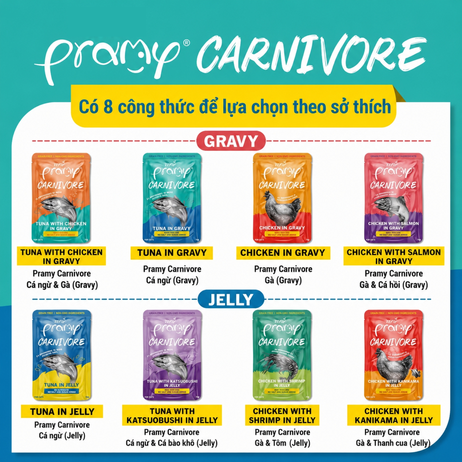 Pate Cho Mèo PRAMY CARNIVORE Vị Gà Topping Tôm Dạng Thạch Jelly 70g