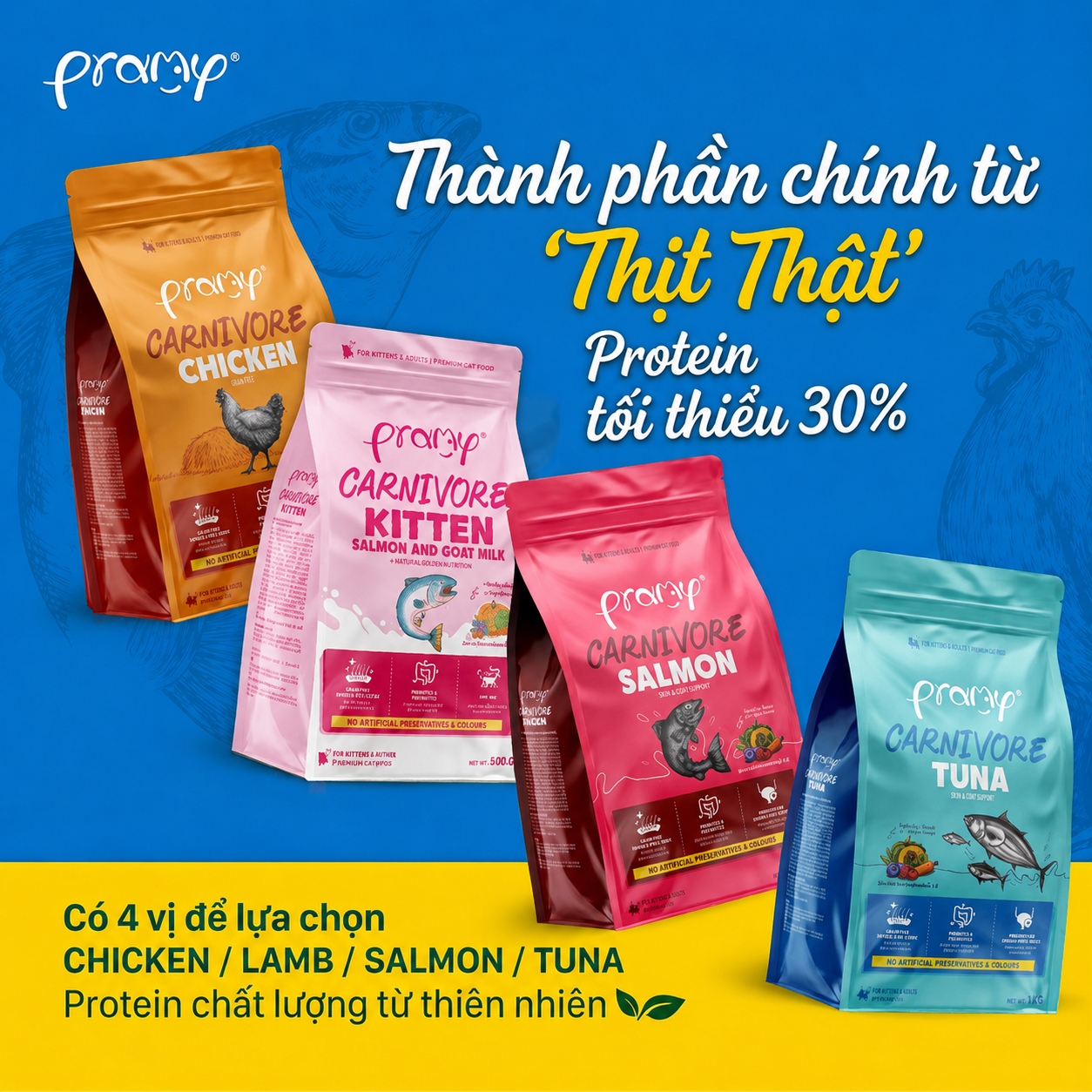 Hạt Cho Mèo PRAMY CARNIVORE Vị Gà 1kg