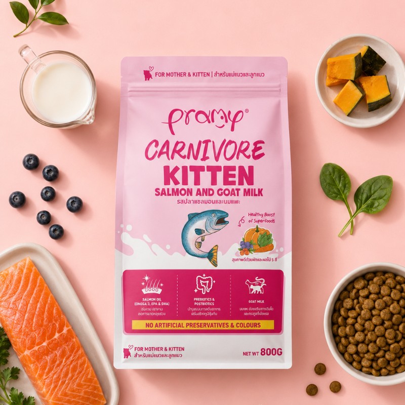Hạt Cho Mèo Con Giàu Đạm PRAMY CARNIVORE Kitten Vị Cá Hồi & Sữa Dê Cho Mèo Con & Mèo Mẹ 800g