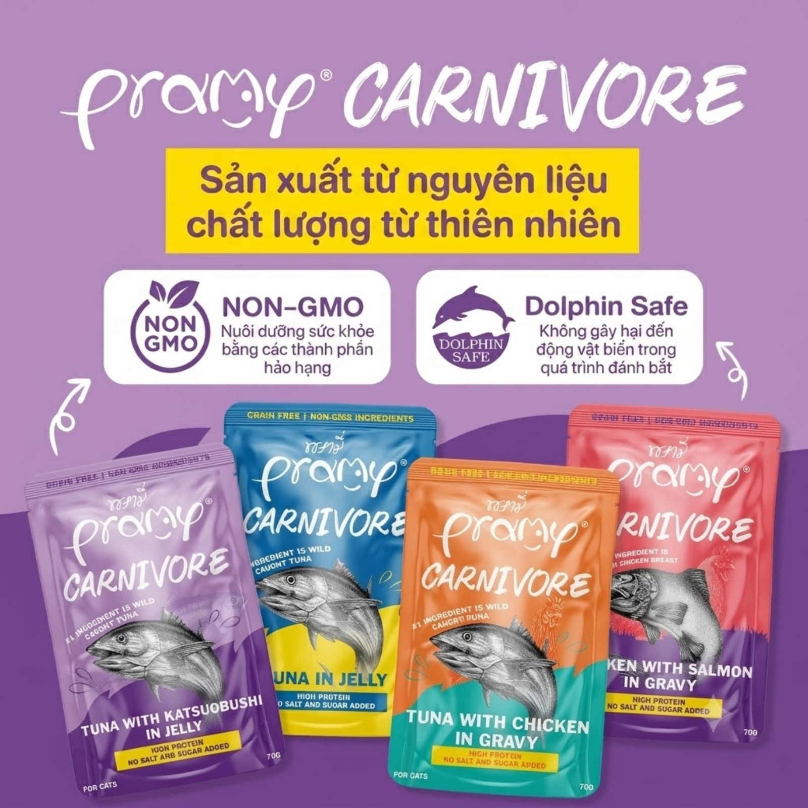 Pate Cho Mèo PRAMY CARNIVORE Vị Cá Ngừ Topping Cá Ngừ Bào Katsuobushi Dạng Thạch Jelly 70g