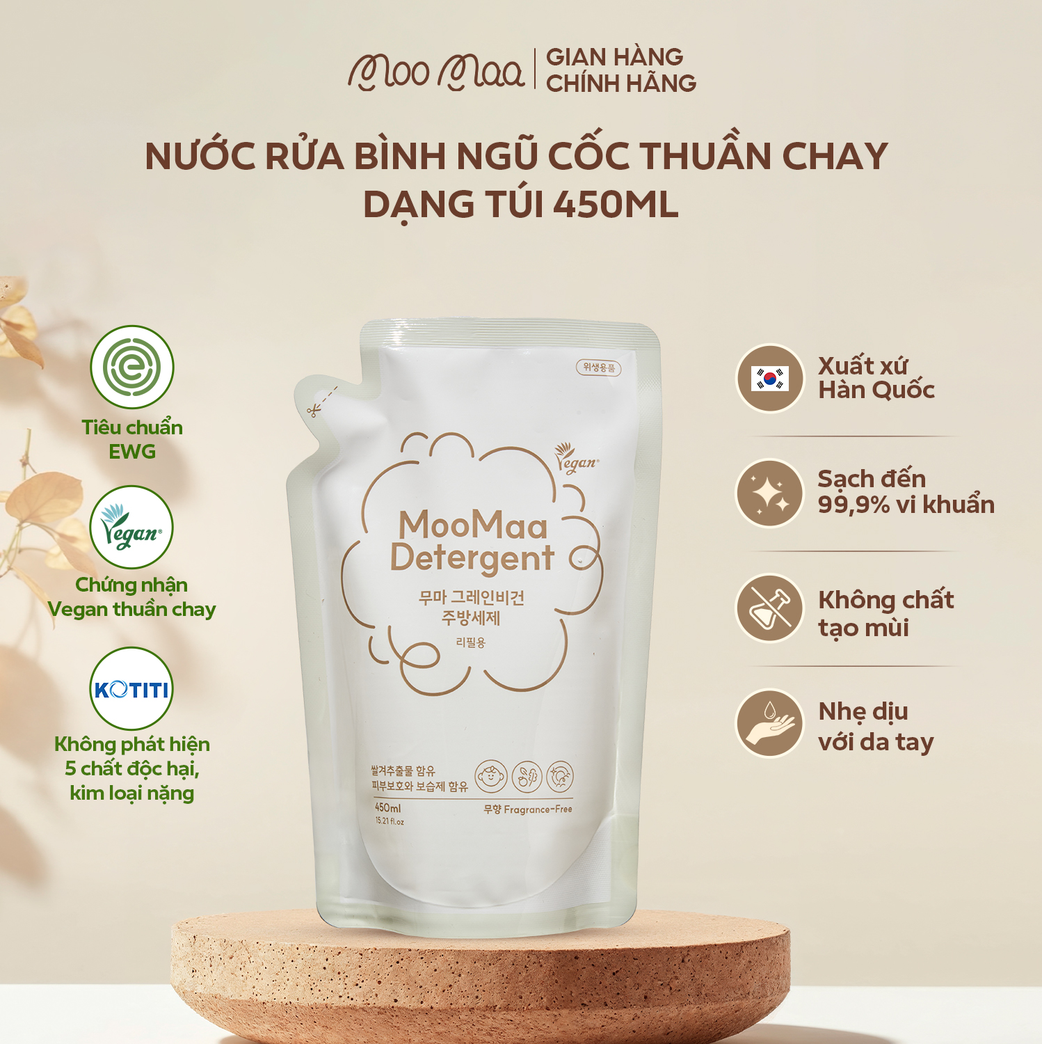 Nước rửa bình ngũ cốc thuần chay Moomaa - Dạng túi refill - 450ml/túi