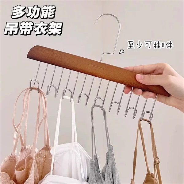 Móc treo quần áo đa năng 10 móc kim loại, thân gỗ tự nhiên, dùng cho gia đình mắc được khăn, cà vạt, đồ lót, áo hai dây màu óc chó TL215