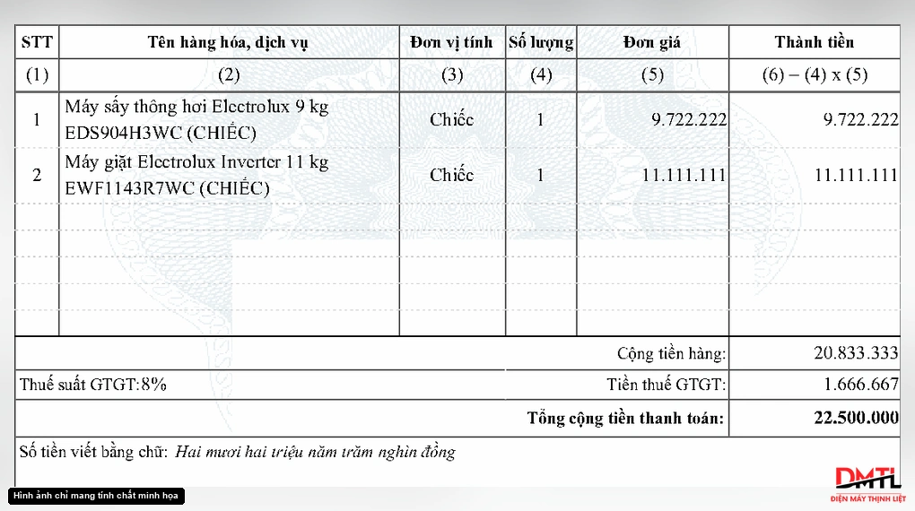 Các mục tên hàng tiền hàng thuế GTGT và tổng thanh toán trên hóa đơn điện máy đã ẩn danh