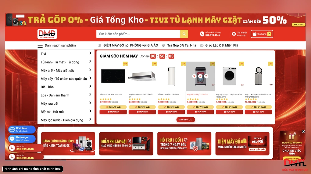 Giao diện website Điện Máy Đỏ với các nhóm thiết bị điện máy