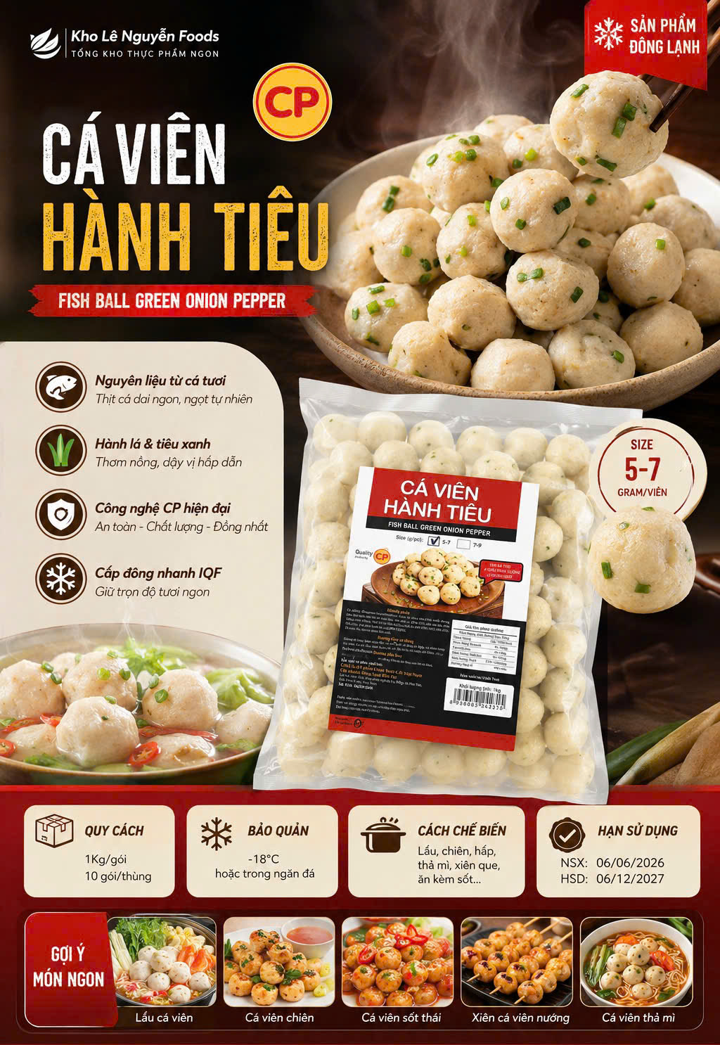 Cá viên hành tiêu CP (160v / 1kg / Gói)