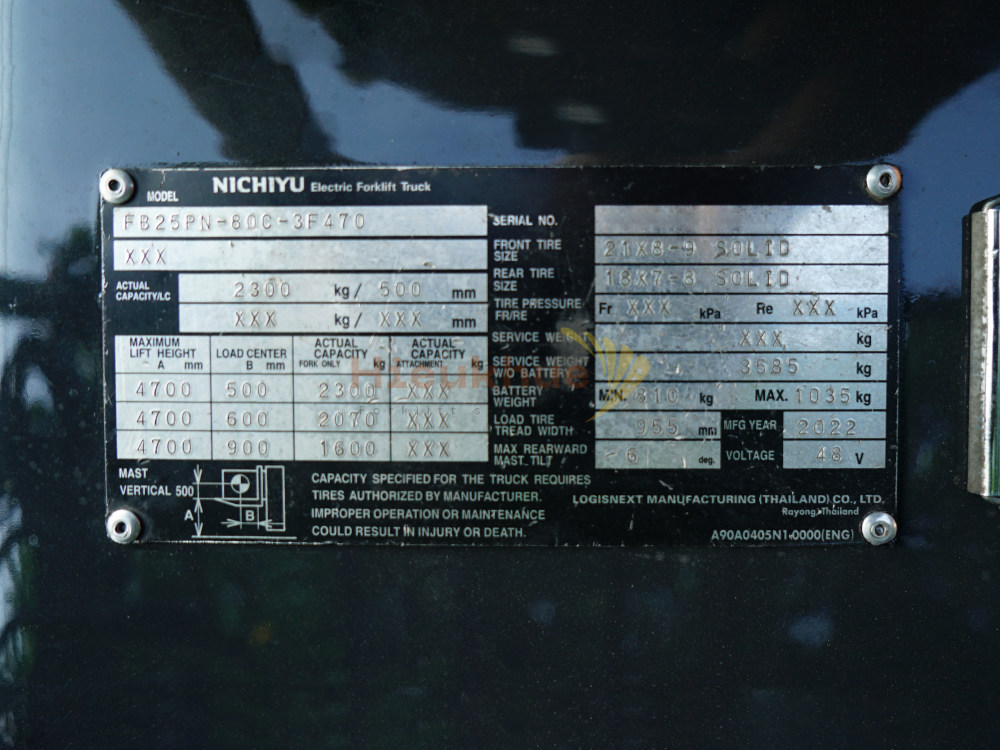 Xe nâng điện ngồi lái NICHIYU FB25PN-80C-3F470 năm 2022, nâng cao 4.7m