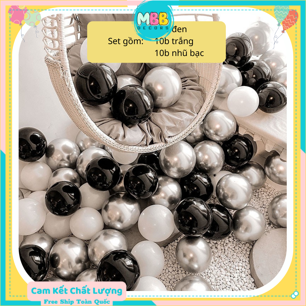 Set 30 Bóng Mix Nhiều MàuTrang Trí Sinh Nhật SET Đen Trắng Nhũ Bạc
