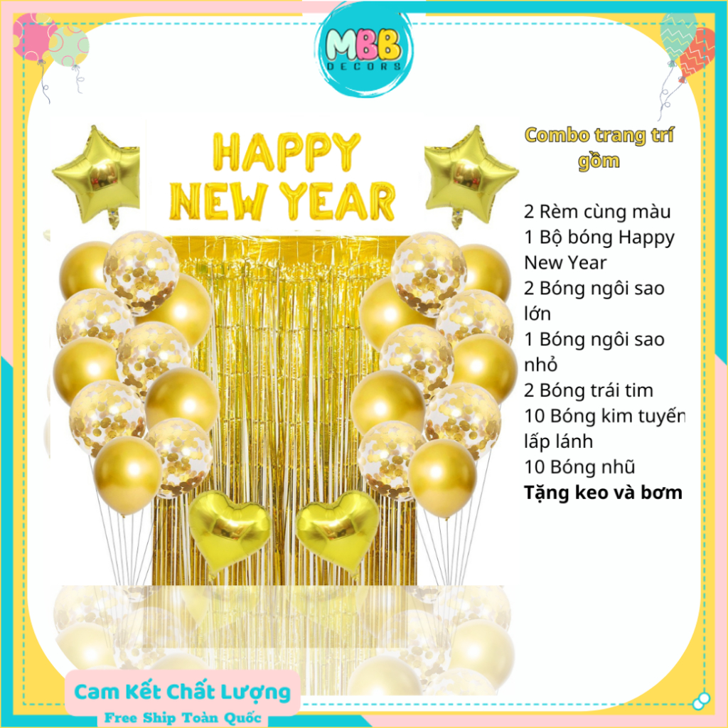 Set Trang Trí Tết 2024 Bóng Chữ HAPPY NEW YEAR Chúc Mừng Năm Mới 2024 Vàng Kèm Rèm