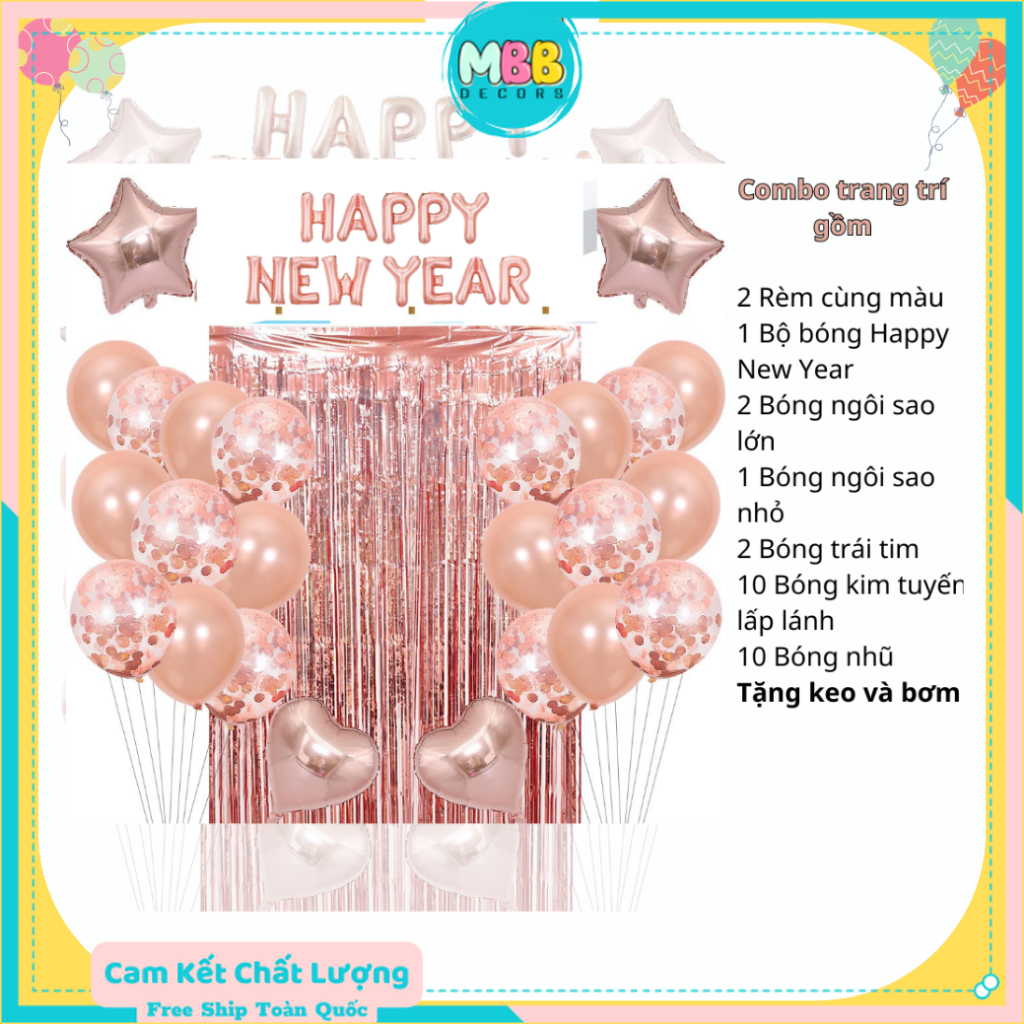 Set Trang Trí Tết 2024 Bóng Chữ HAPPY NEW YEAR Chúc Mừng Năm Mới 2024 Hồng Kèm Rèm
