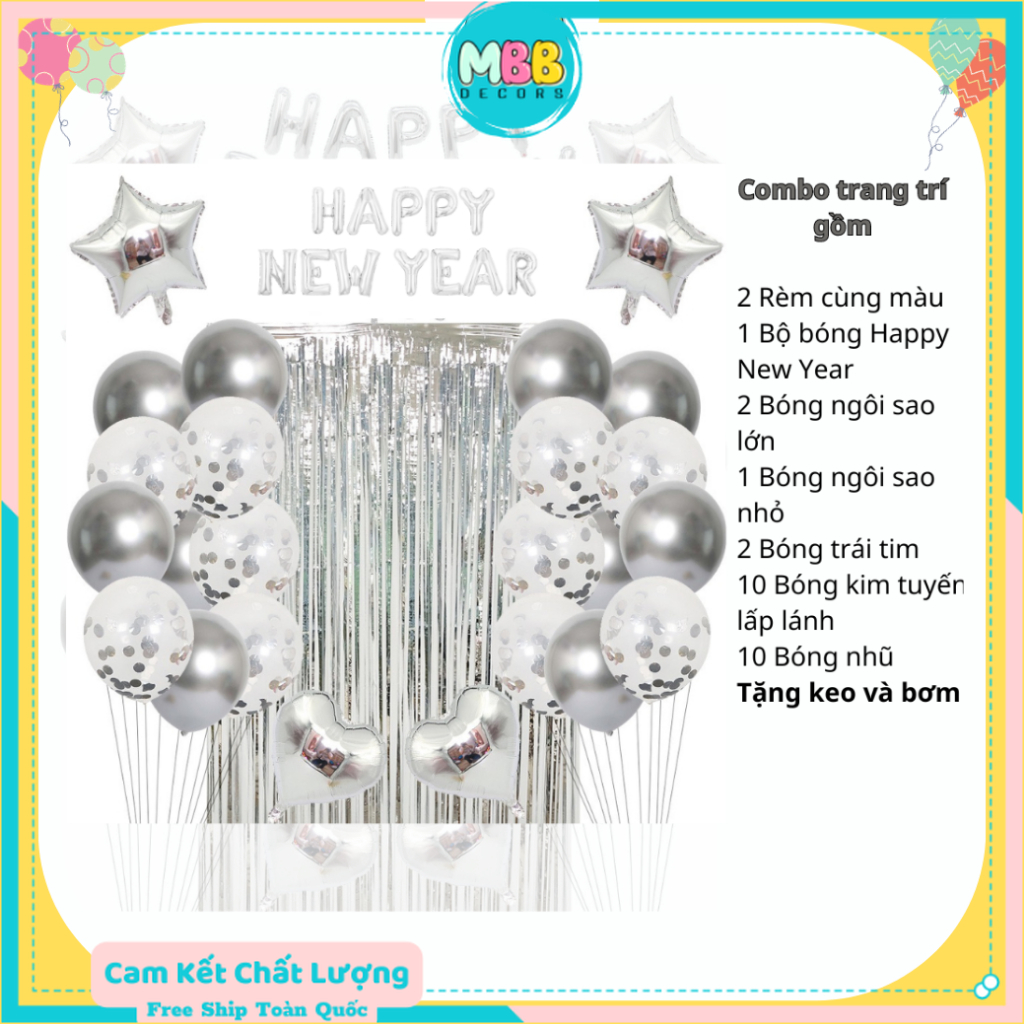 Set Trang Trí Tết 2024 Bóng Chữ HAPPY NEW YEAR Chúc Mừng Năm Mới 2024 Bạc Kèm Rèm