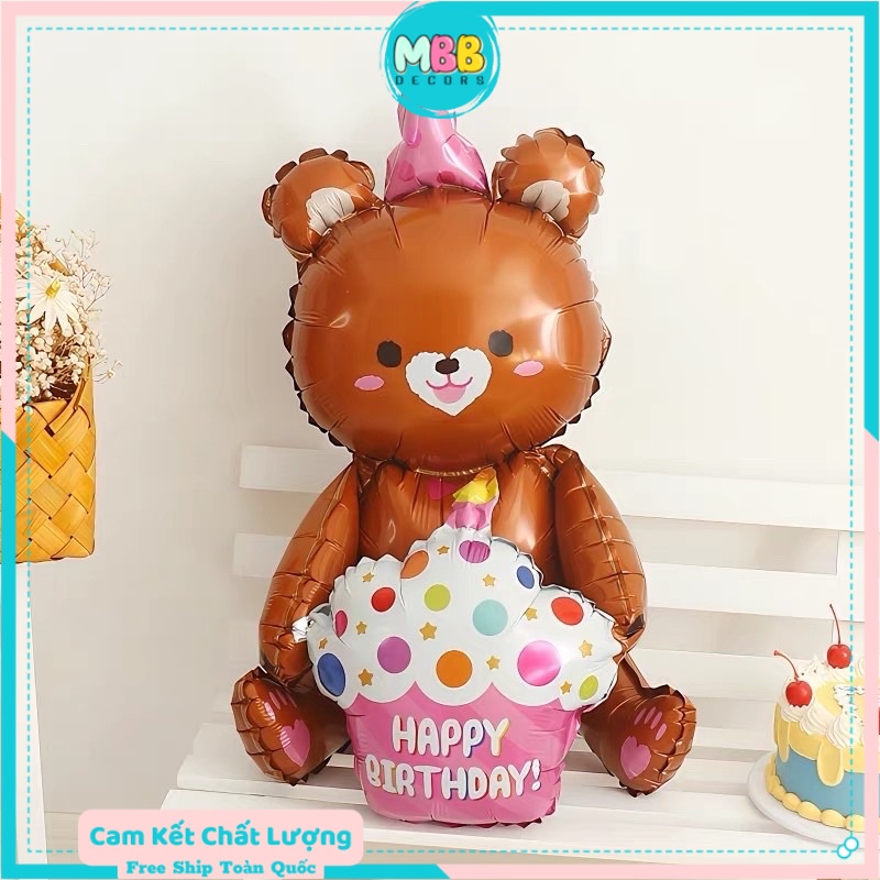 Bóng gấu ôm hình bánh kem Happy Birthday trang trí sinh nhật