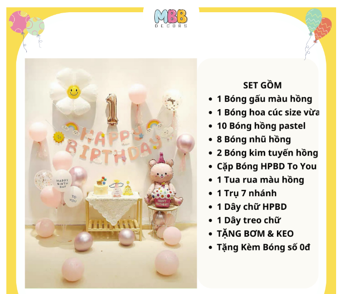 Set Trang Trí Sinh Nhật Cho Bé Gái Phong Cách Hàn Quốc, Bong Bóng Gấu Hồng Dễ Thương SN-0417