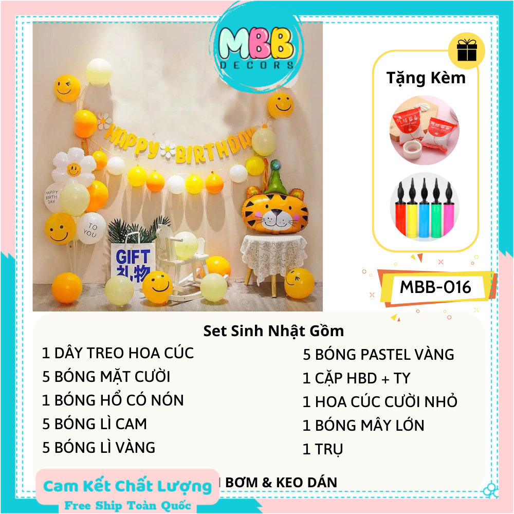 Set Trang Trí Sinh Nhật phong cách hàn quốc tông vàng kèm hổ đội nón MBB-016