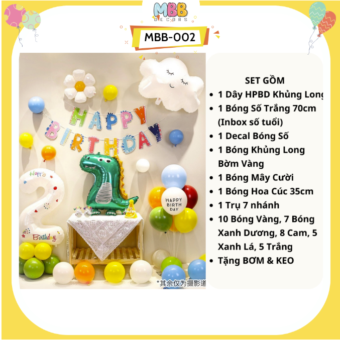 Set Trang Trí Sinh Nhật Cho Bé Trai Gái Phong Cách Hàn Quốc, Bong Bóng Khủng Long Đáng Yêu MBB-002
