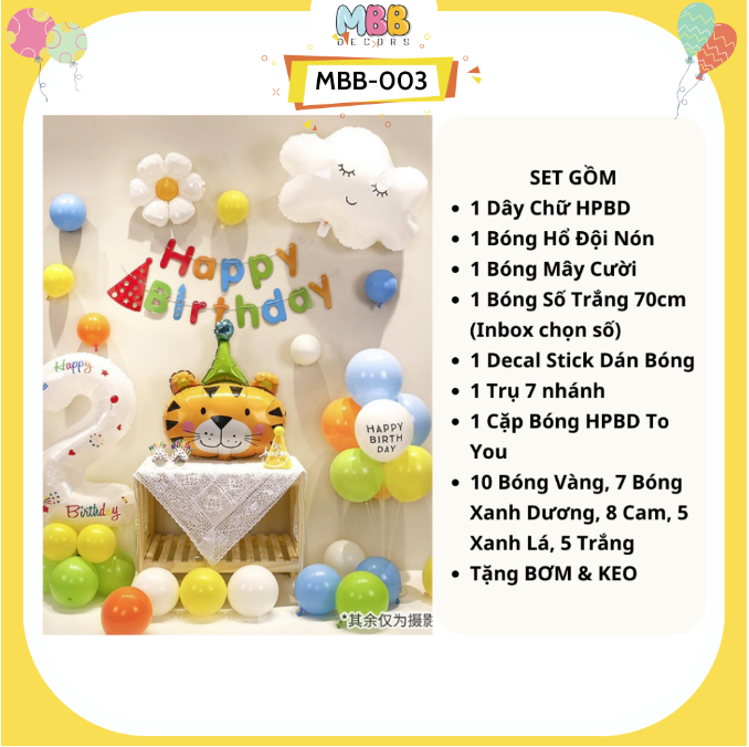 Set Trang Trí Sinh Nhật Cho Bé Trai Gái Phong Cách Hàn Quốc, Bong Bóng Hổ Đội Nón Đáng Yêu MBB-003