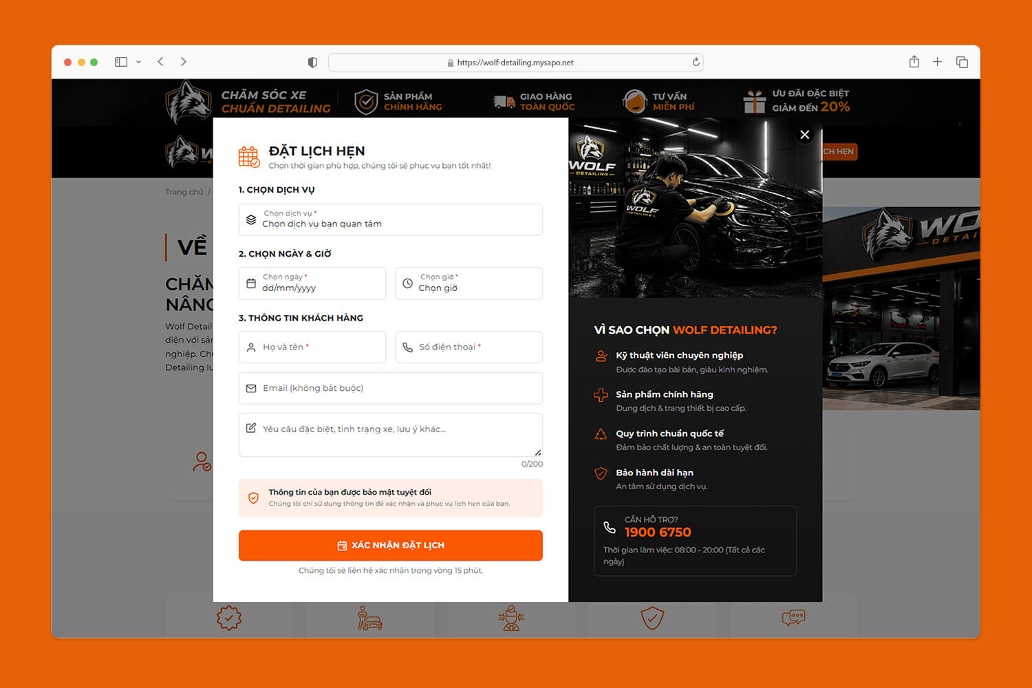 Popup đặt dịch vụ