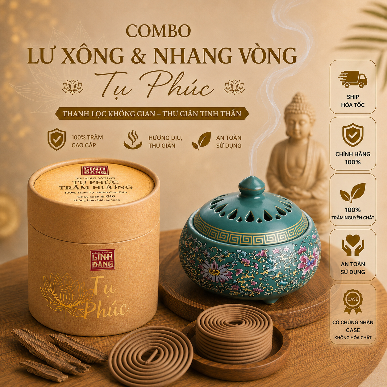 Nhang Vòng Trầm Hương Cao Cấp Tụ Phúc 4H Kèm Lư Gốm – Bộ Đốt Trầm Sẵn Dùng Thơm Đậm Lưu Hương Lâu