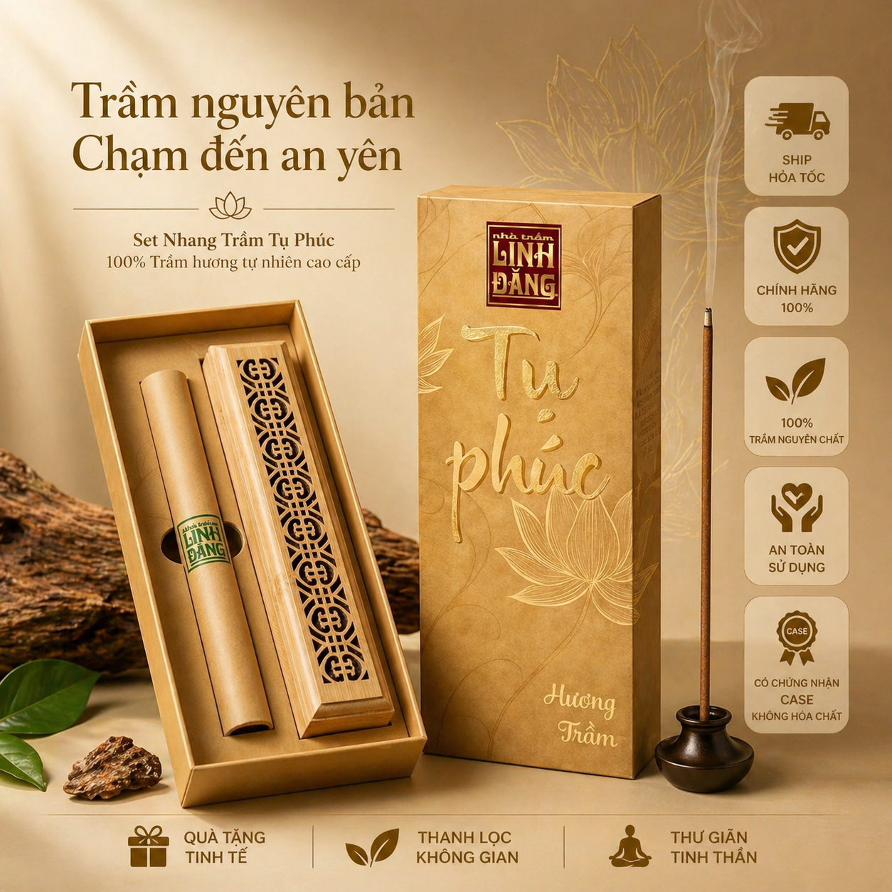 Combo Nhang Trầm Không Tăm Cao Cập Tụ Phúc + Khay Đốt Chạm Khắc | 100% Bột Trầm Cao Cấp