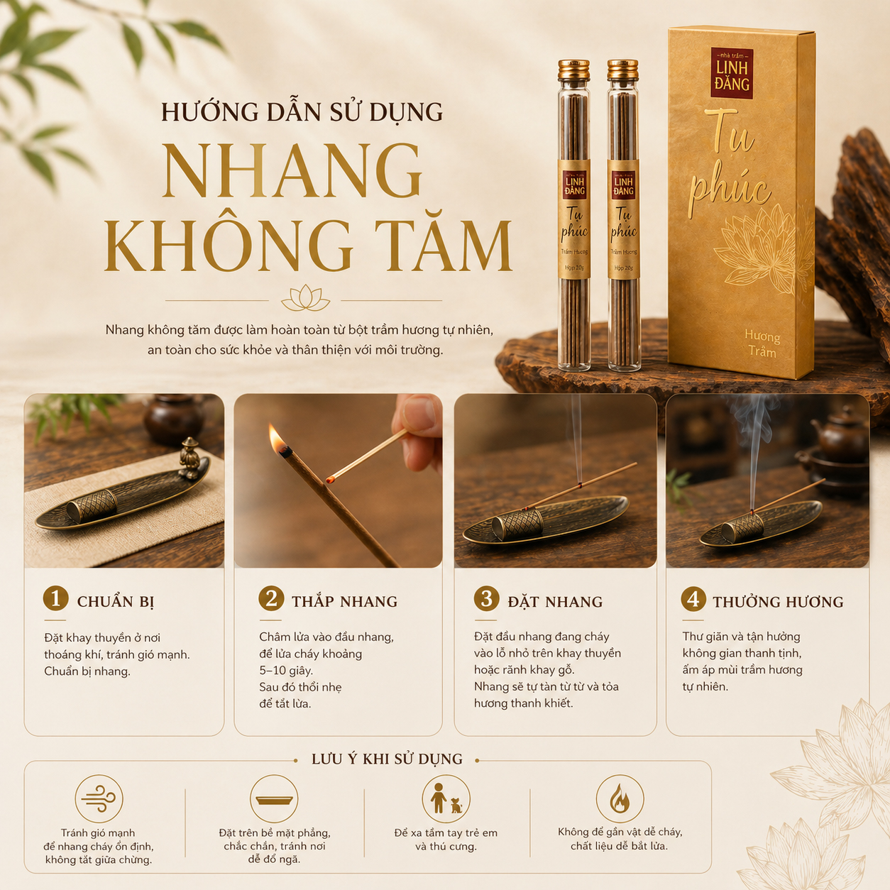 Combo Nhang Trầm Không Tăm Cao Cập Tụ Phúc + Khay Đốt Chạm Khắc | 100% Bột Trầm Cao Cấp