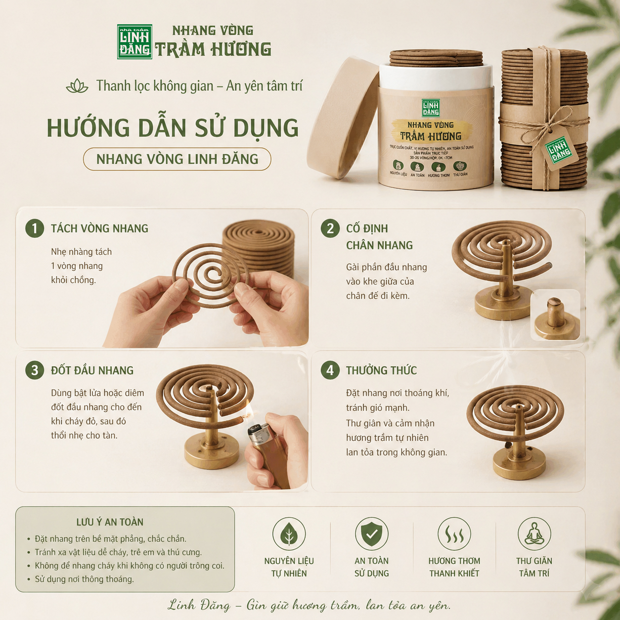 Nhang Vòng Trầm Hương Linh Đăng Cháy 4H – 100% Trầm Tự Nhiên, Ít Khói, Không Hóa Chất - Hộp 24 vòng