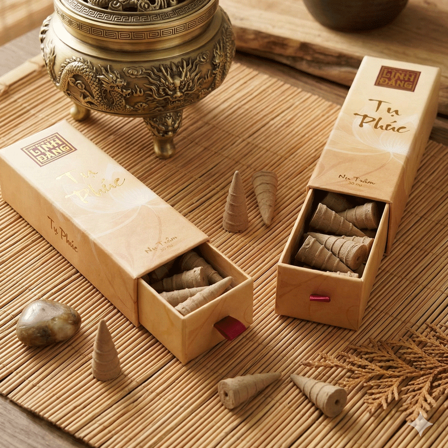 Nụ trầm hương cao cấp Tụ Phúc - ít khói, thơm sâu, hương trầm ấm - hộp nhũ vàng sang trọng