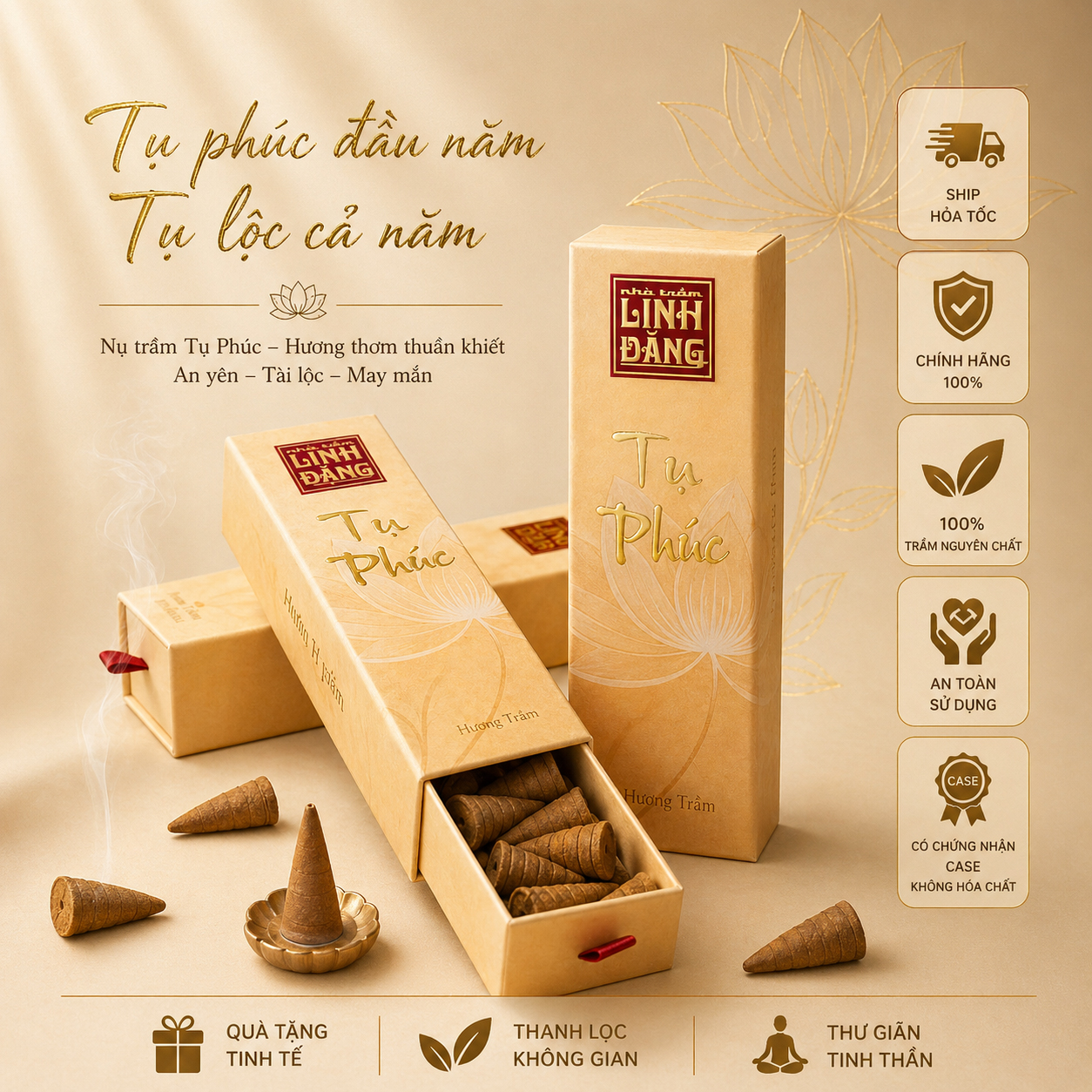 Nụ trầm hương cao cấp Tụ Phúc - ít khói, thơm sâu, hương trầm ấm - hộp nhũ vàng sang trọng