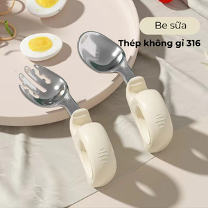 Bộ thìa dĩa cho bé tập ăn, dĩa ăn dặm cho bé màu sắc dễ thương, chất liệu thép không gỉ 316, tay cầm thông minh