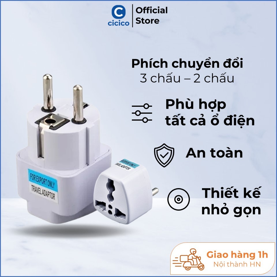 Phích cắm chuyển đổi 3 chân sang 2 chân, ổ cắm chuyển đổi 3 chấu nguồn 220V phù hợp mọi loại đầu cắm.