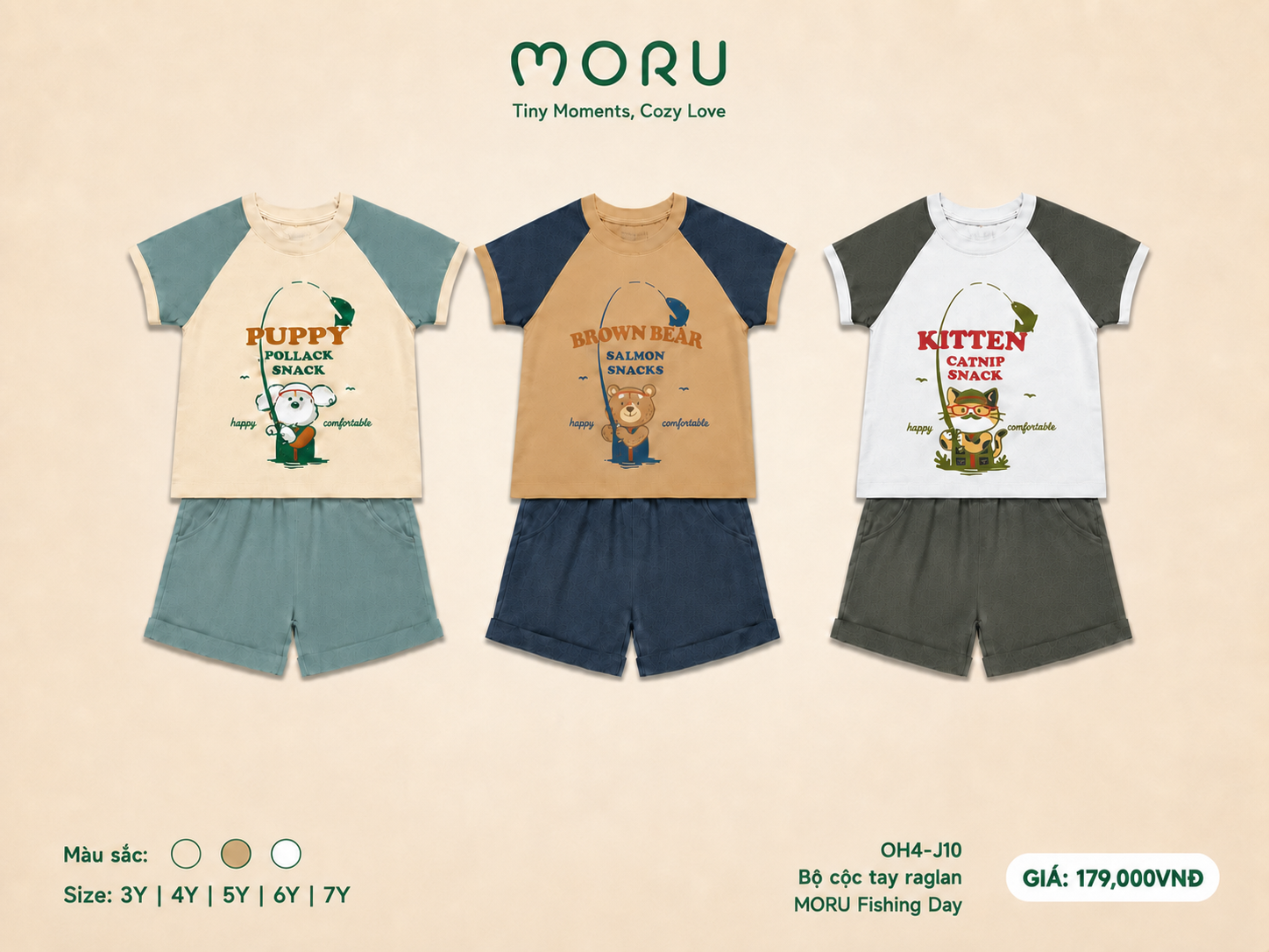 OH-J10 Bộ cộc tay raglan MORU Fishing day 3-7Y