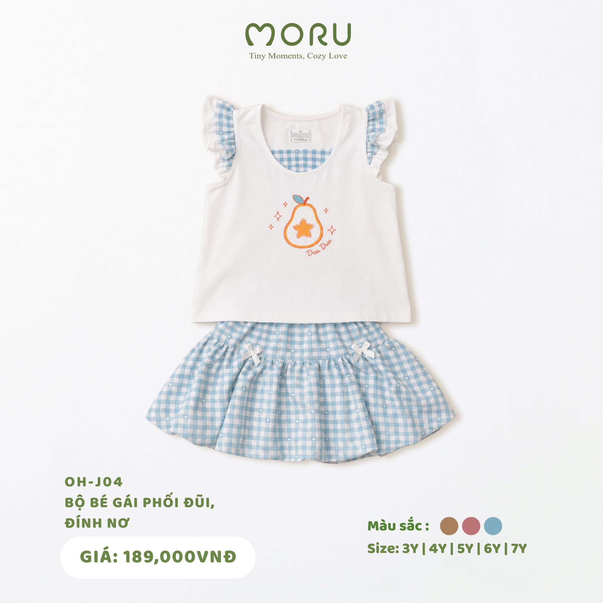 OH-J04 Bộ bé gái phối đũi đính nơ 3-7Y