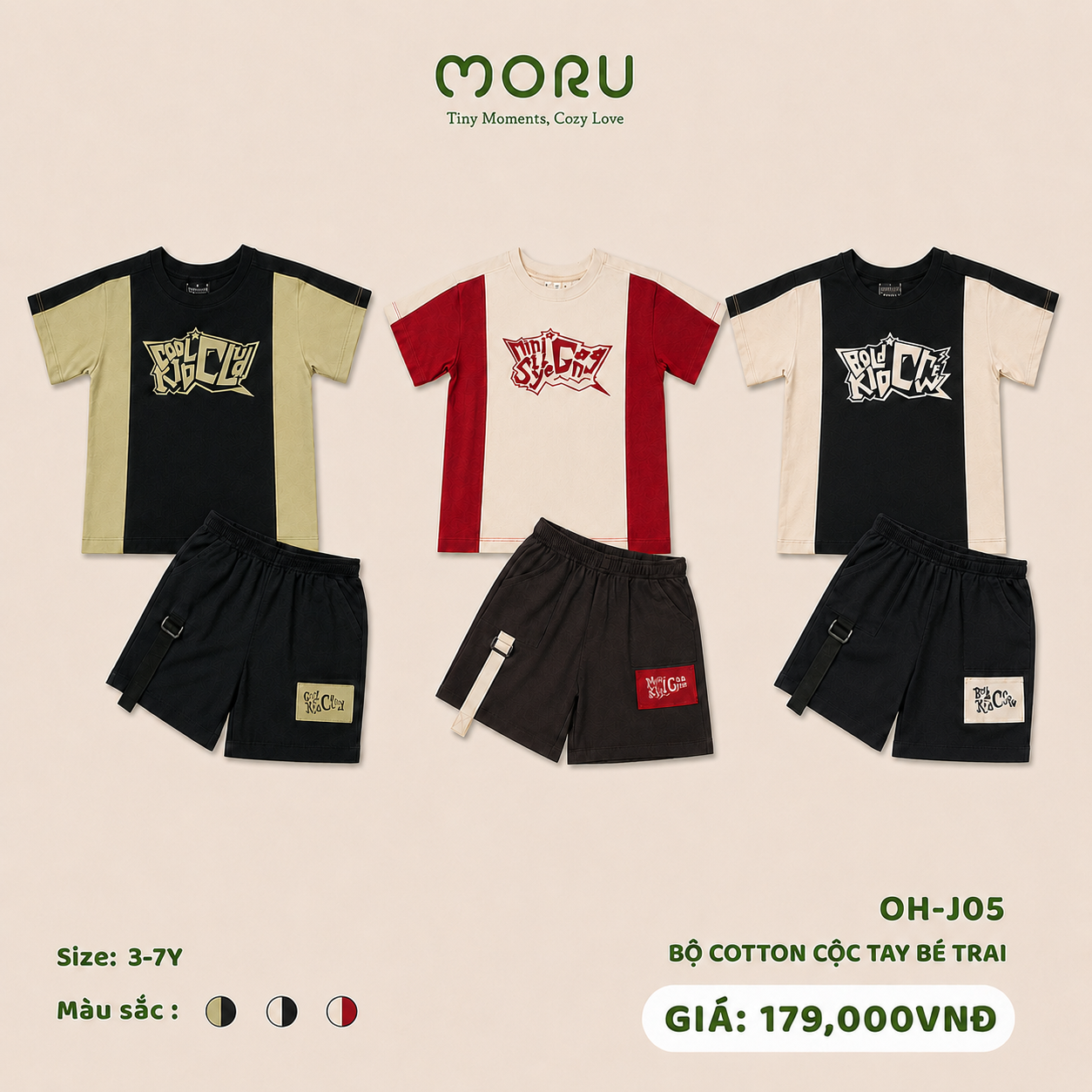 OH-J05 Bộ cotton cộc tay bé trai 3-7Y