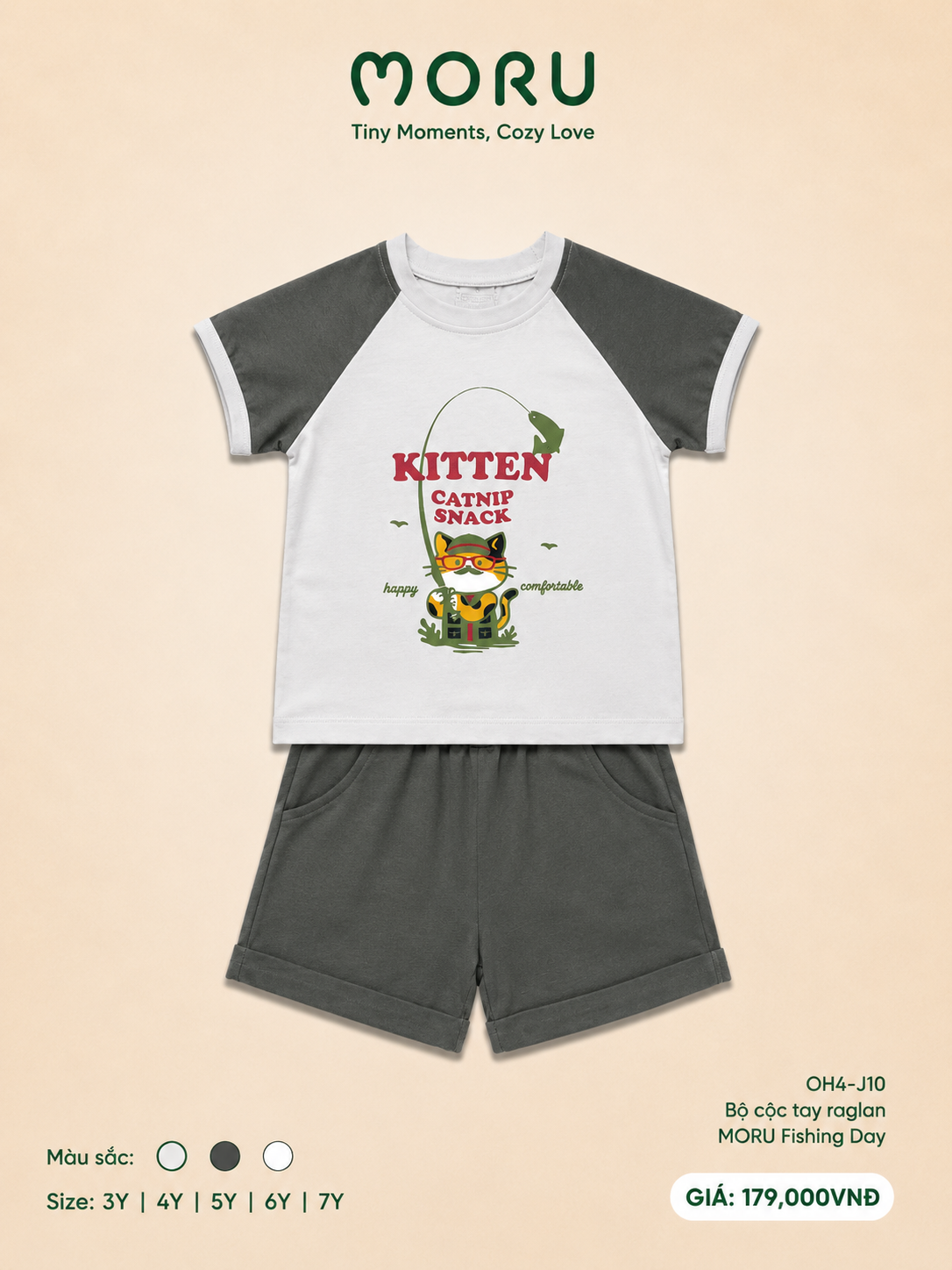 OH-J10 Bộ cộc tay raglan MORU Fishing day 3-7Y