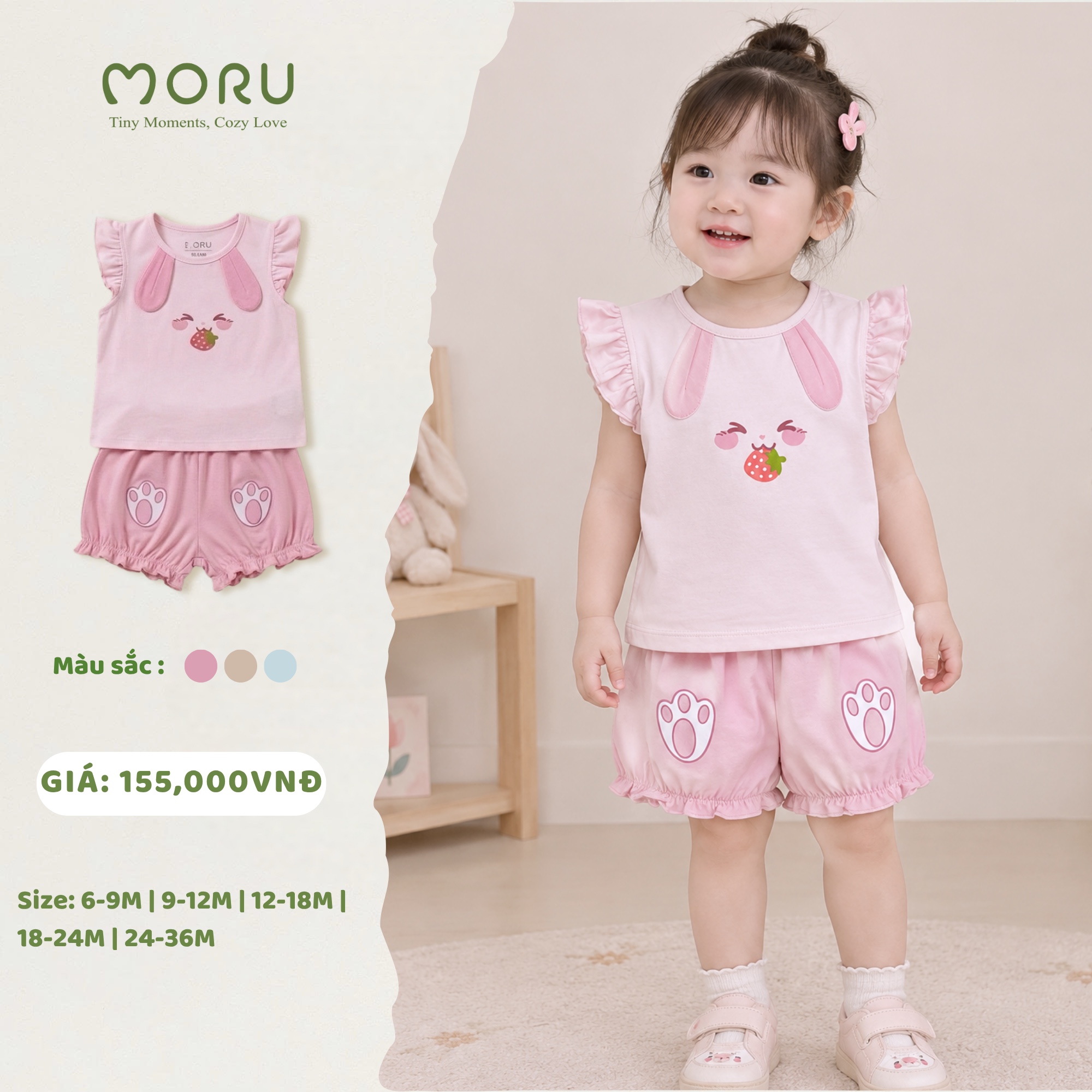 OH-J23 Bộ ba lỗ bamboo bé gái tai thỏ 9-36m