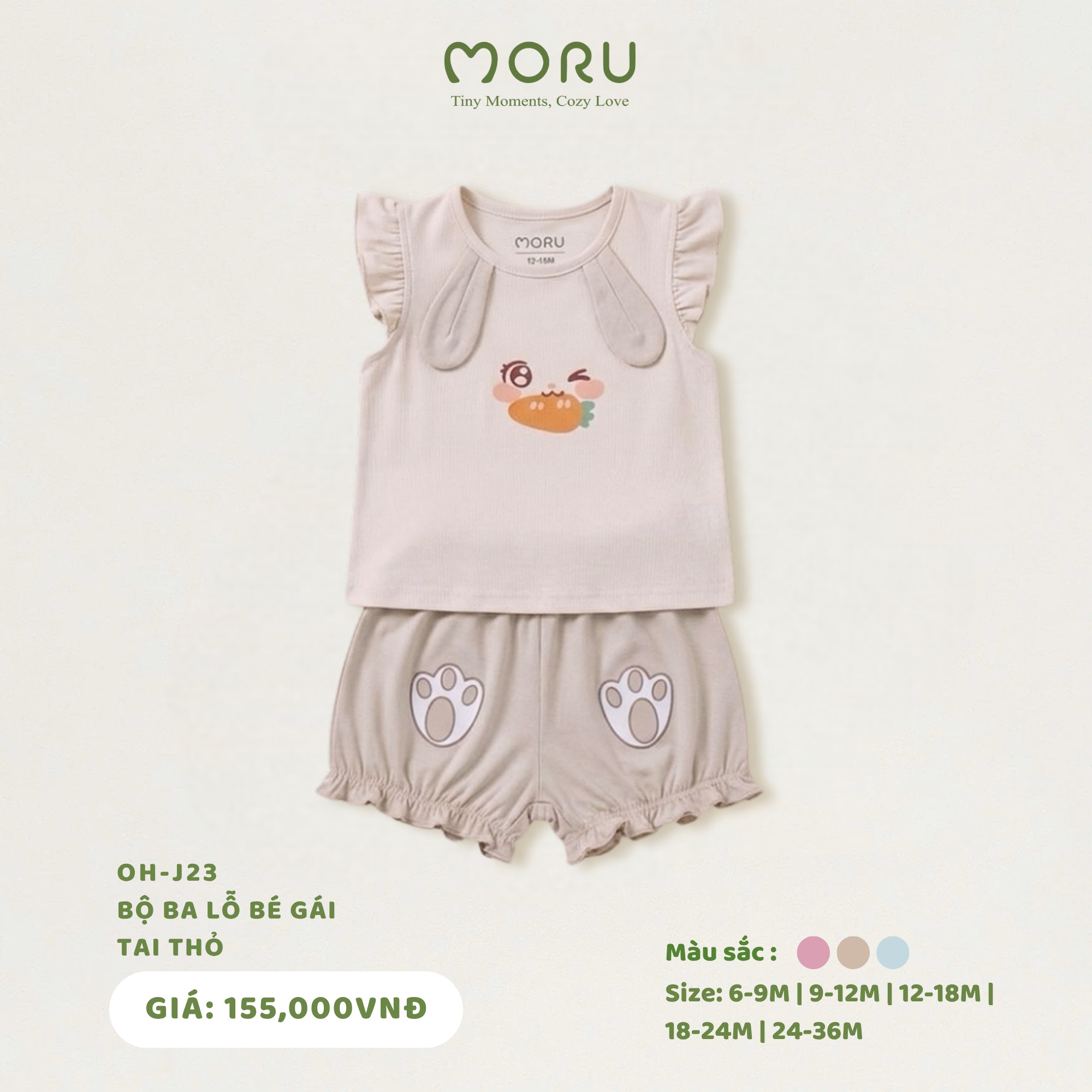 OH-J23 Bộ ba lỗ bamboo bé gái tai thỏ 9-36m