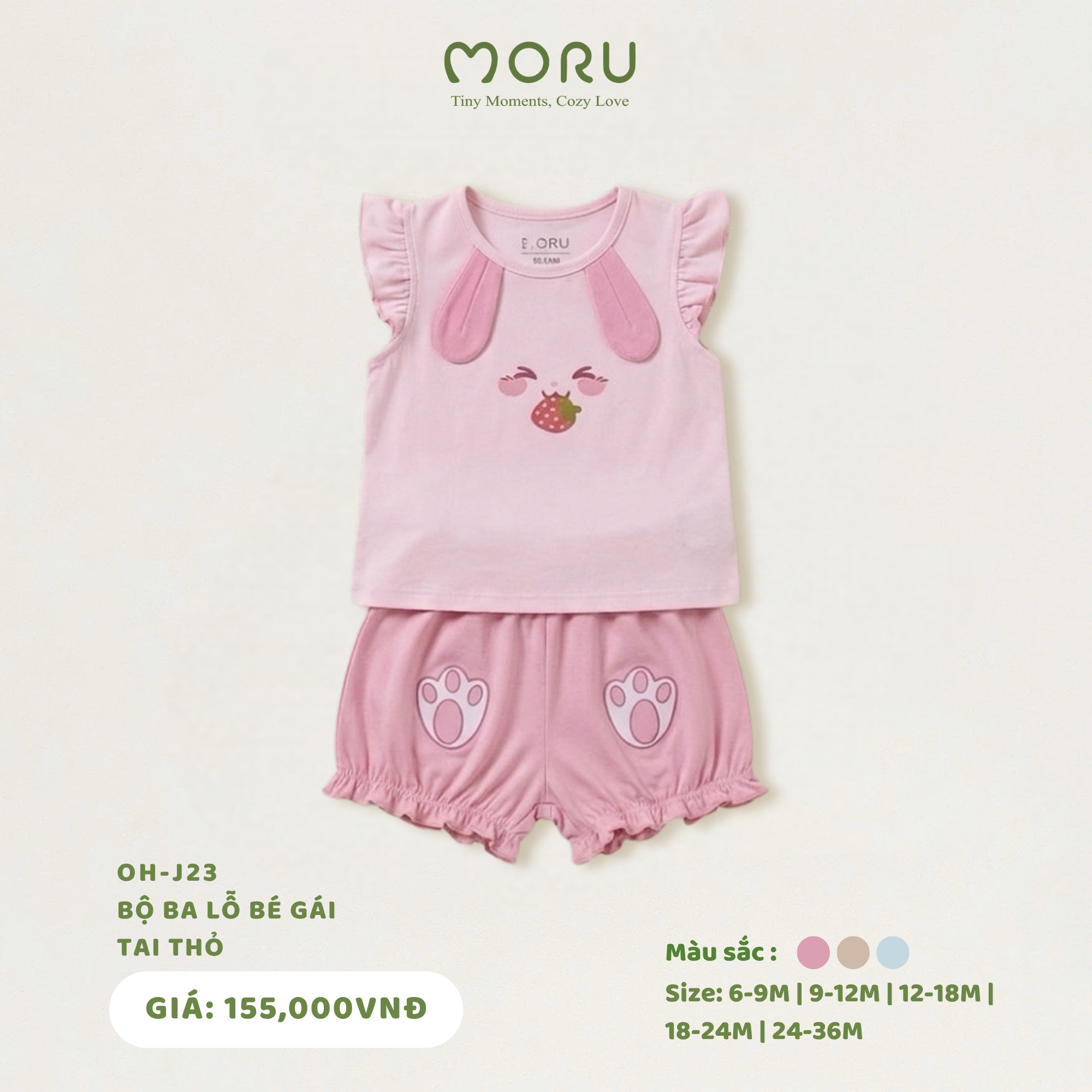 OH-J23 Bộ ba lỗ bamboo bé gái tai thỏ 9-36m