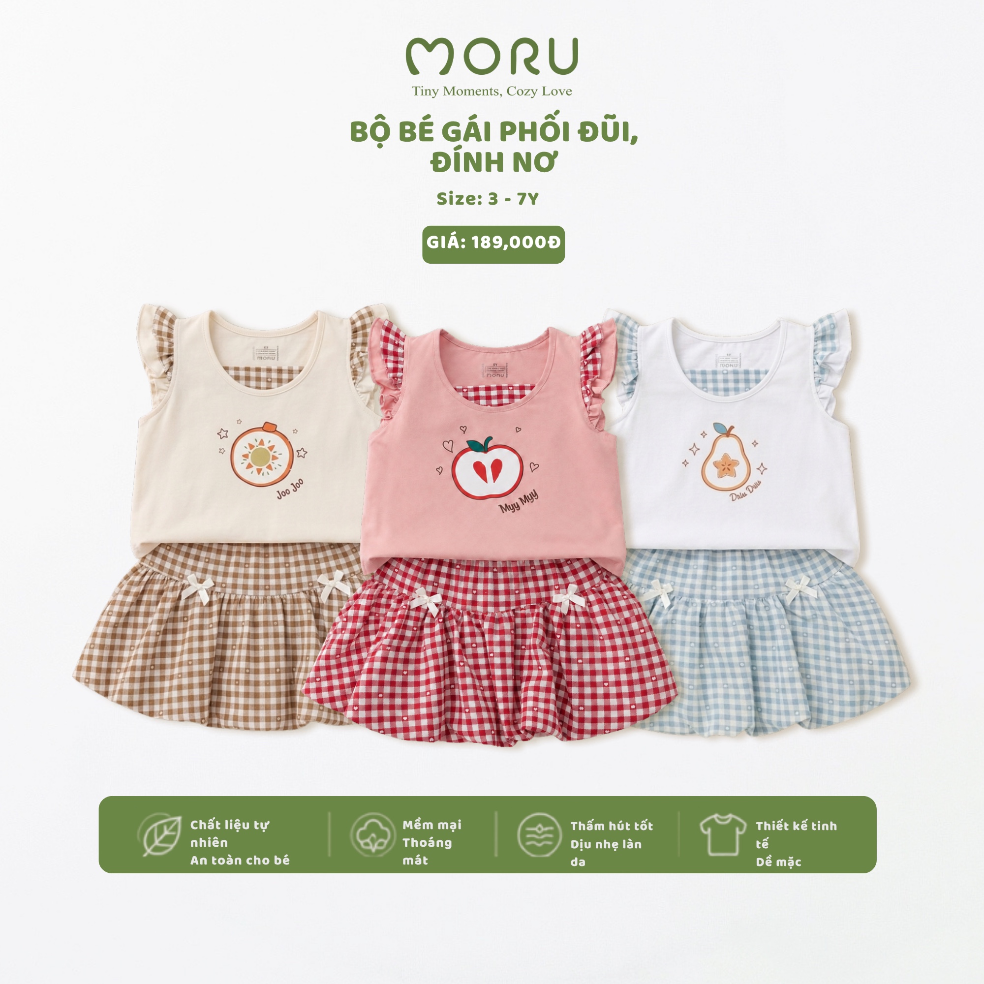 OH-J04 Bộ bé gái phối đũi đính nơ 3-7Y