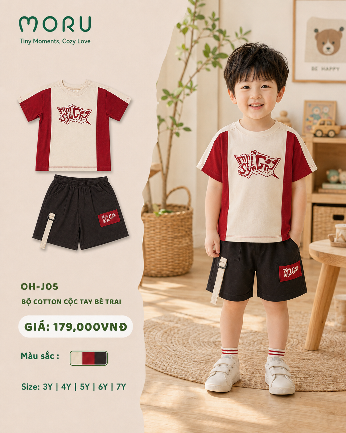 OH-J05 Bộ cotton cộc tay bé trai 3-7Y